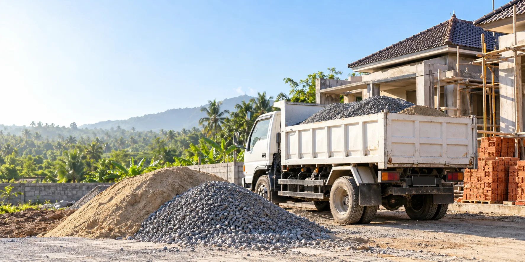 Pengiriman material bangunan dengan dump truck di lokasi proyek
